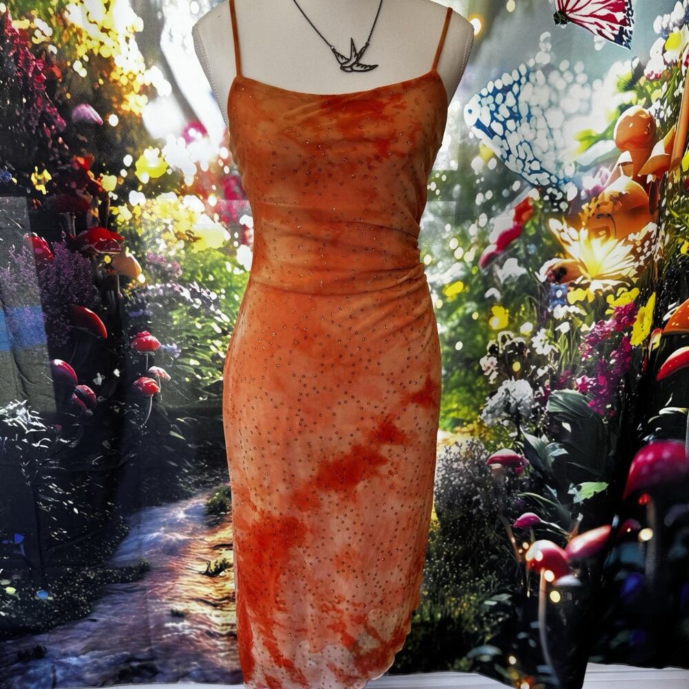 VTG Y2K My Michelle Small Whimsy Fairy Dress Tie Dye Orange Sunset Sparkly Prom